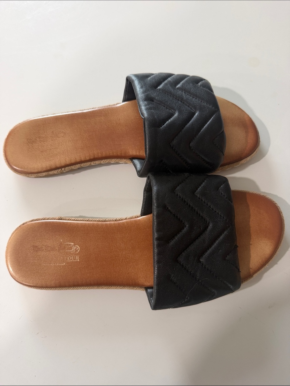Coach and Four Black Quilted Slide Sandals with Tan Footbed